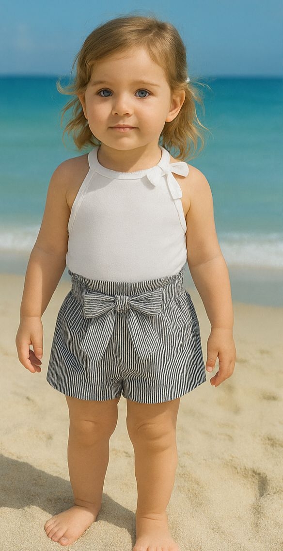 M.Meeraki Baby Girl Eid Dress – Pure Cotton White Shirt & Black Shorts - Image 2